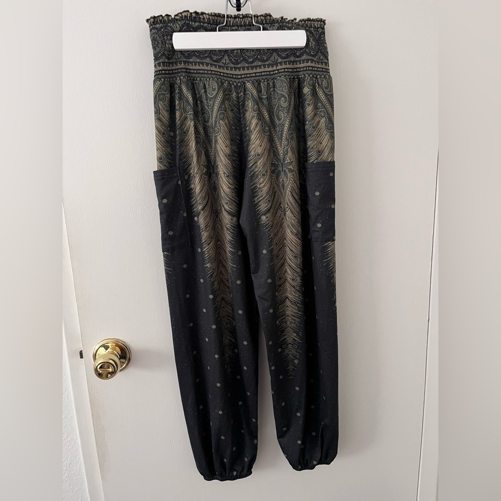 Boho Women’s Harem Pants Medium Stretchy Lounge Pajama Yoga Army Green